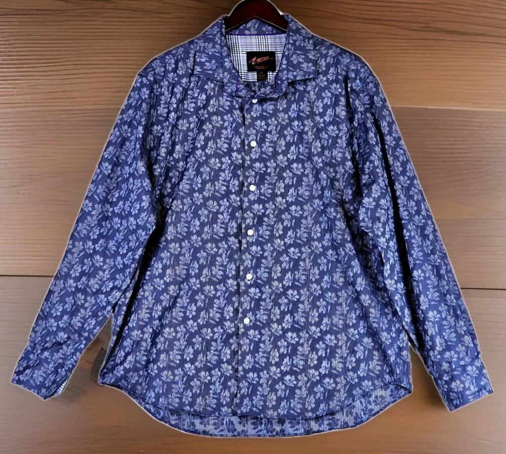 Egara Slim Fit Dress Shirt Men's Size XL Stretch Non Iron Blue Textured Floral